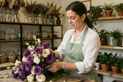 Fleuriste arrangeant un bouquet de lisianthus violets et crème dans une boutique florale artisanale