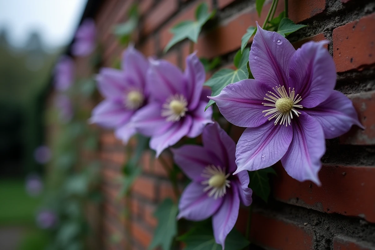 Gros plan de fleurs de clématites violettes poussant sur un mur de briques ombragé avec des gouttes de rosée