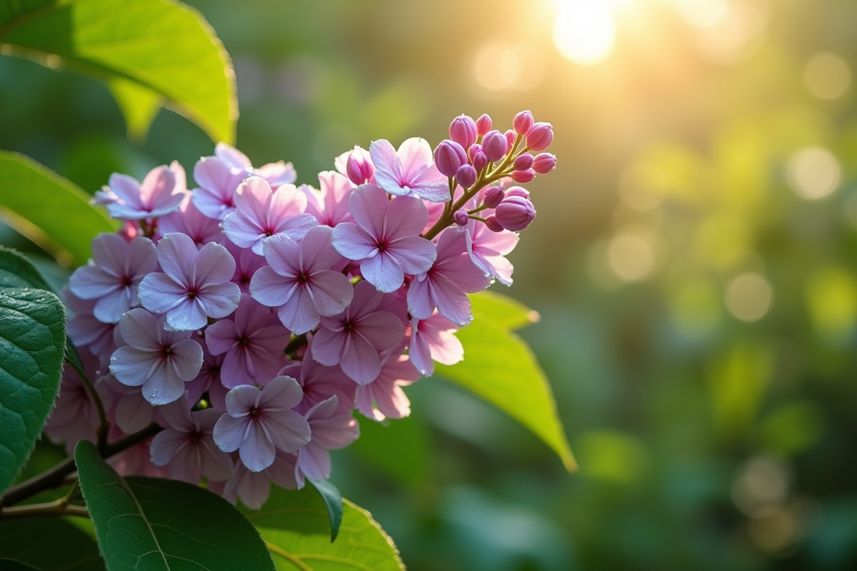 Lilas en fleurs avec rosée dans un jardin ensoleille