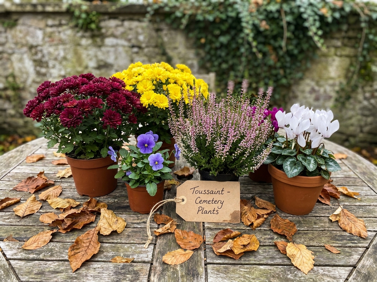 Sélection de fleurs résistantes au froid pour décorer une tombe à la Toussaint : chrysanthèmes, cyclamens, bruyères et violettes