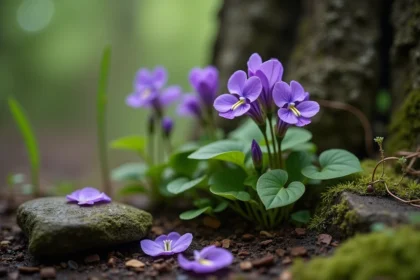 Fleurs sauvages violettes comestibles Viola odorata poussant dans un sous-bois, guide identification botanique