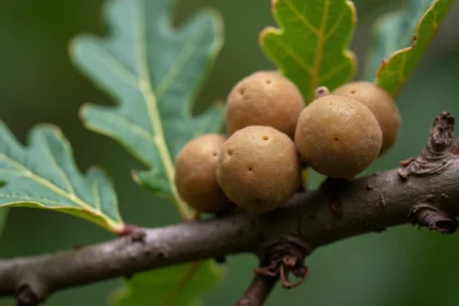 Galles de chêne rondes et brunes sur une branche de chêne avec feuilles vertes, vue macro en forêt