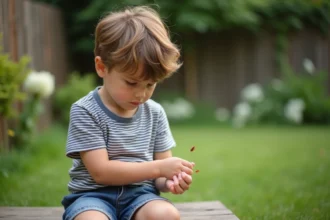 Jeune garçon observant un insecte rouge sur sa peau dans le jardin