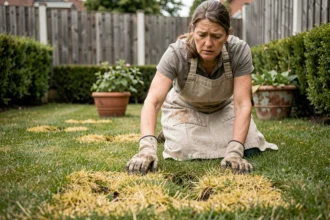 Jardinière examinant les défauts d'un gazon anglais jauni et irrégulier dans un jardin suburban