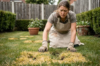 Jardinière examinant les défauts d'un gazon anglais jauni et irrégulier dans un jardin suburban