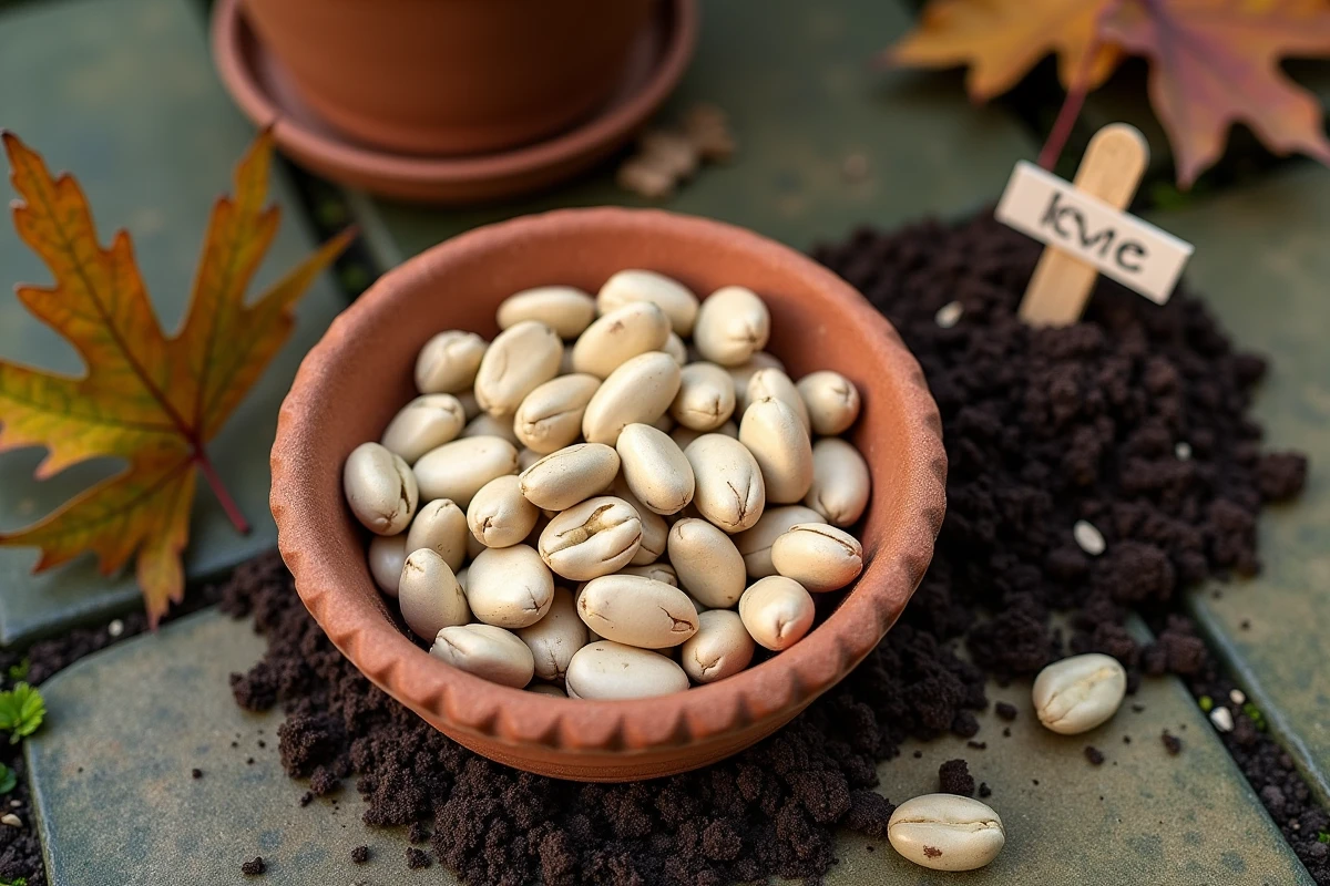 Gros plan sur des graines de fèves posées sur un pot en terre cuite entouré de compost, d'une étiquette de semis et de feuilles mortes dans un jardin d'automne