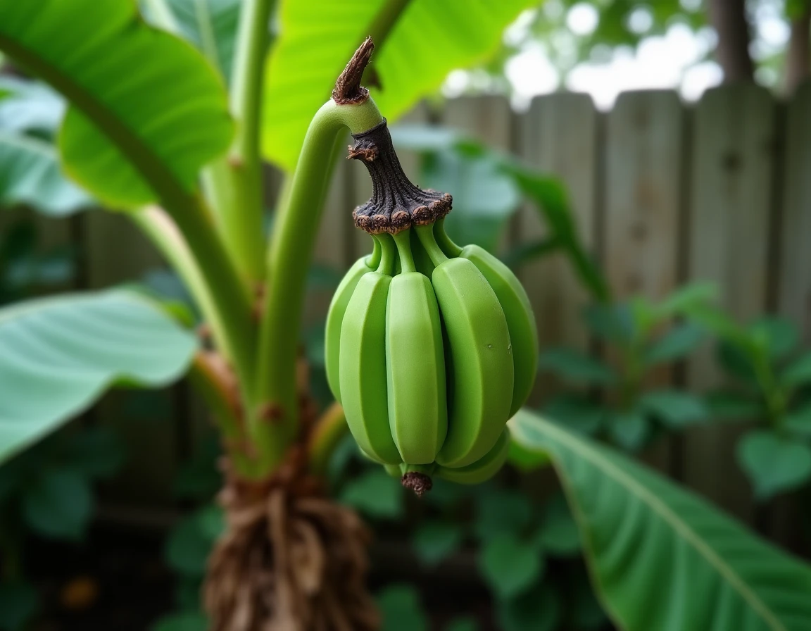 Grappe de bananes vertes en développement sur un jeune bananier dans un jardin tropical humide