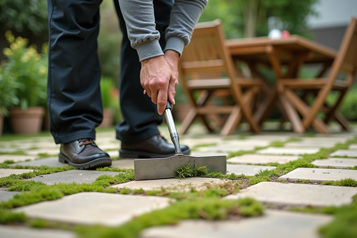 Homme utilisant un grattoir pour enlever la mousse et les mauvaises herbes entre les pavés d'une terrasse