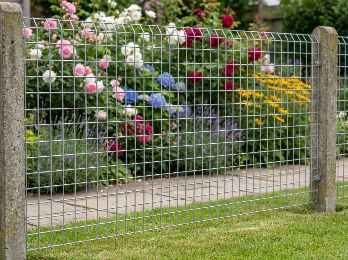 Panneau de grillage soudé rigide monté entre deux poteaux en béton délimitant une pelouse et un massif de fleurs colorées dans un jardin soigné