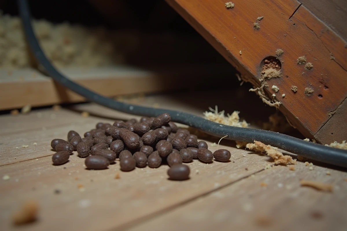 Gros plan sur des crottes de loir et des traces de rongement sur une poutre en bois dans un grenier