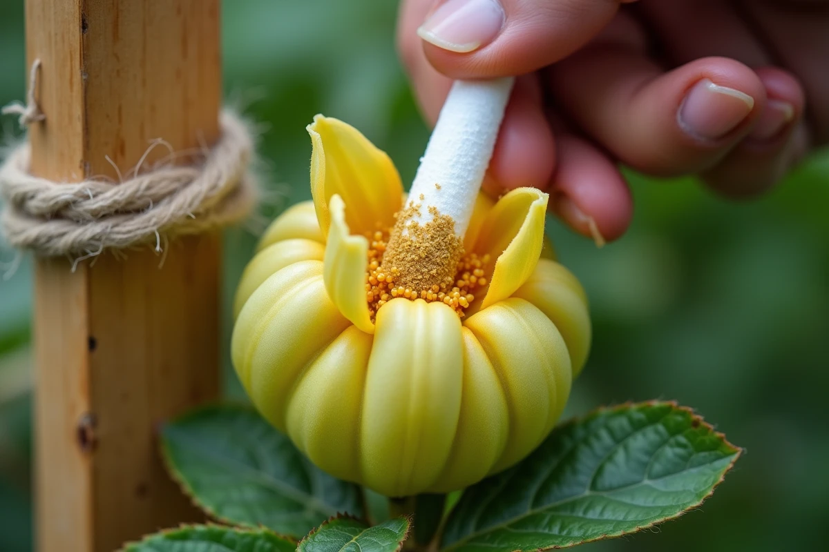 Gros plan sur une fleur de tomate ouverte avec étamine visible lors d'une pollinisation manuelle sur tige grimpante