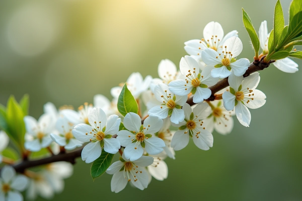 Gros plan sur des fleurs blanches d'arbuste au printemps avec rosée matinale sur les pétales