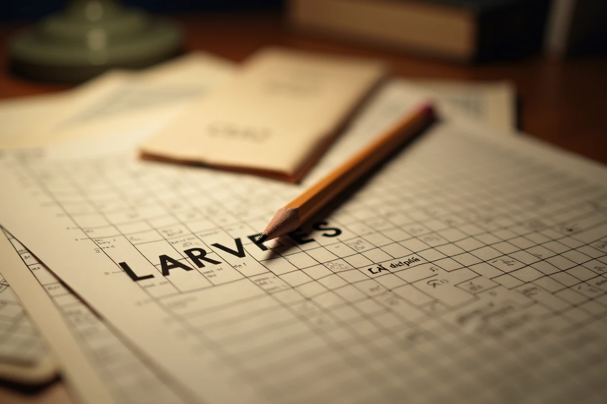 Gros plan sur une grille de mots fléchés avec le mot LARVES écrit au crayon