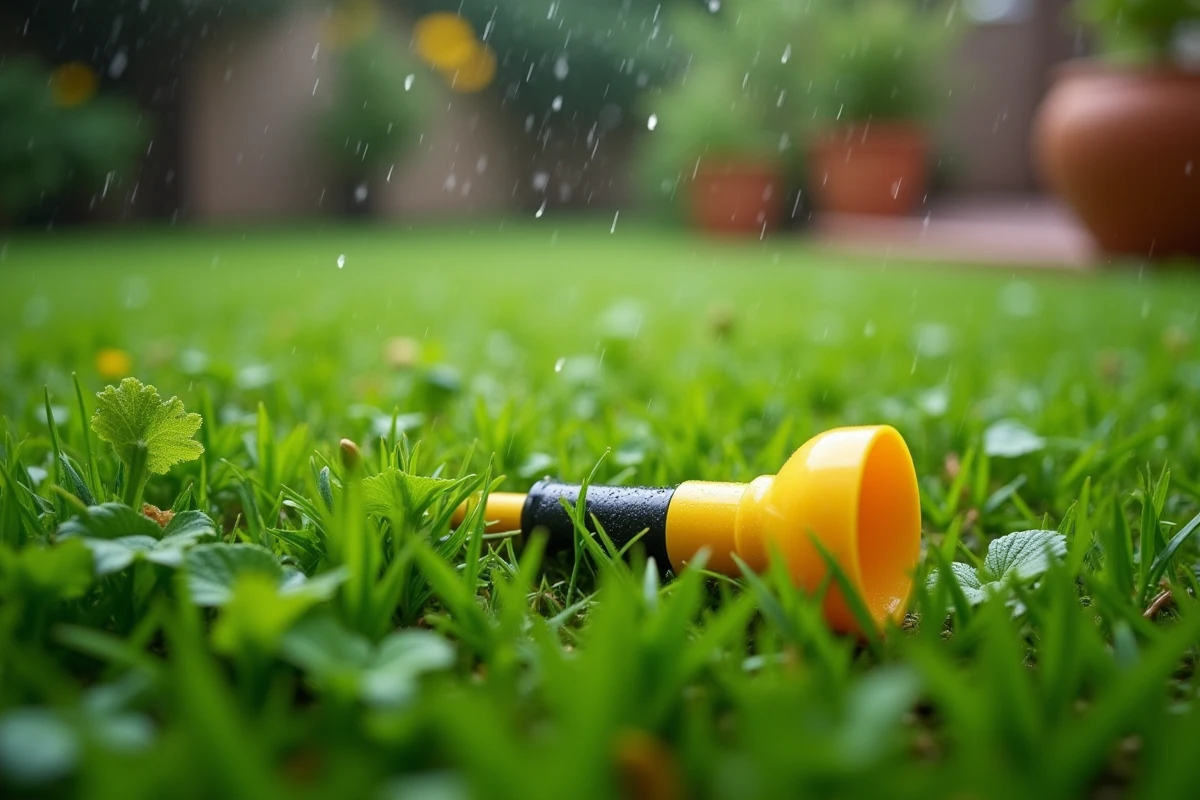 Gros plan sur des mauvaises herbes dans la pelouse avec des gouttes de pluie et un pulvérisateur d'herbicide sélectif posé sur le gazon