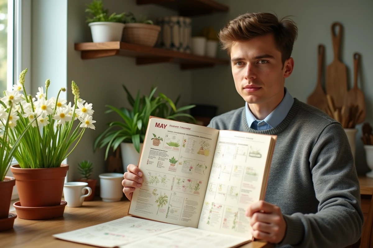 Jeune homme tenant un calendrier lunaire pour le jardinage