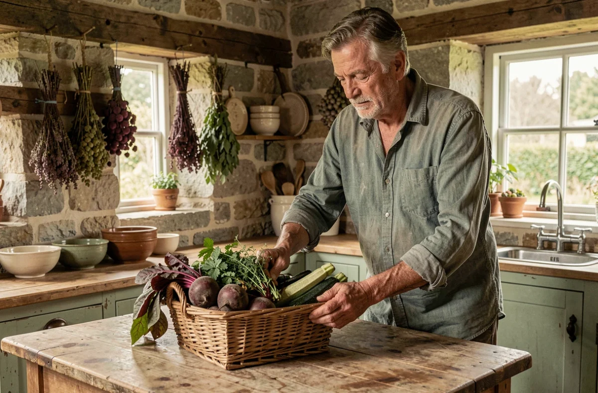 Homme arrangeant des légumes du jardin dans une cuisine rustique en pierre, illustration d'un mode de vie local et autosuffisant