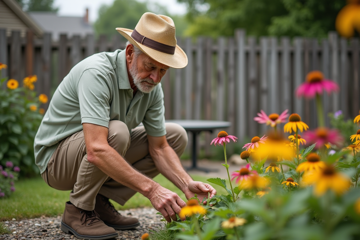 Homme âgé vérifiant les fleurs dans un jardin suburbain