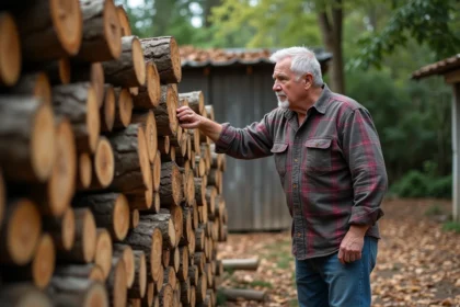 Homme d'âge moyen inspectant du bois de feu Albizia en extérieur