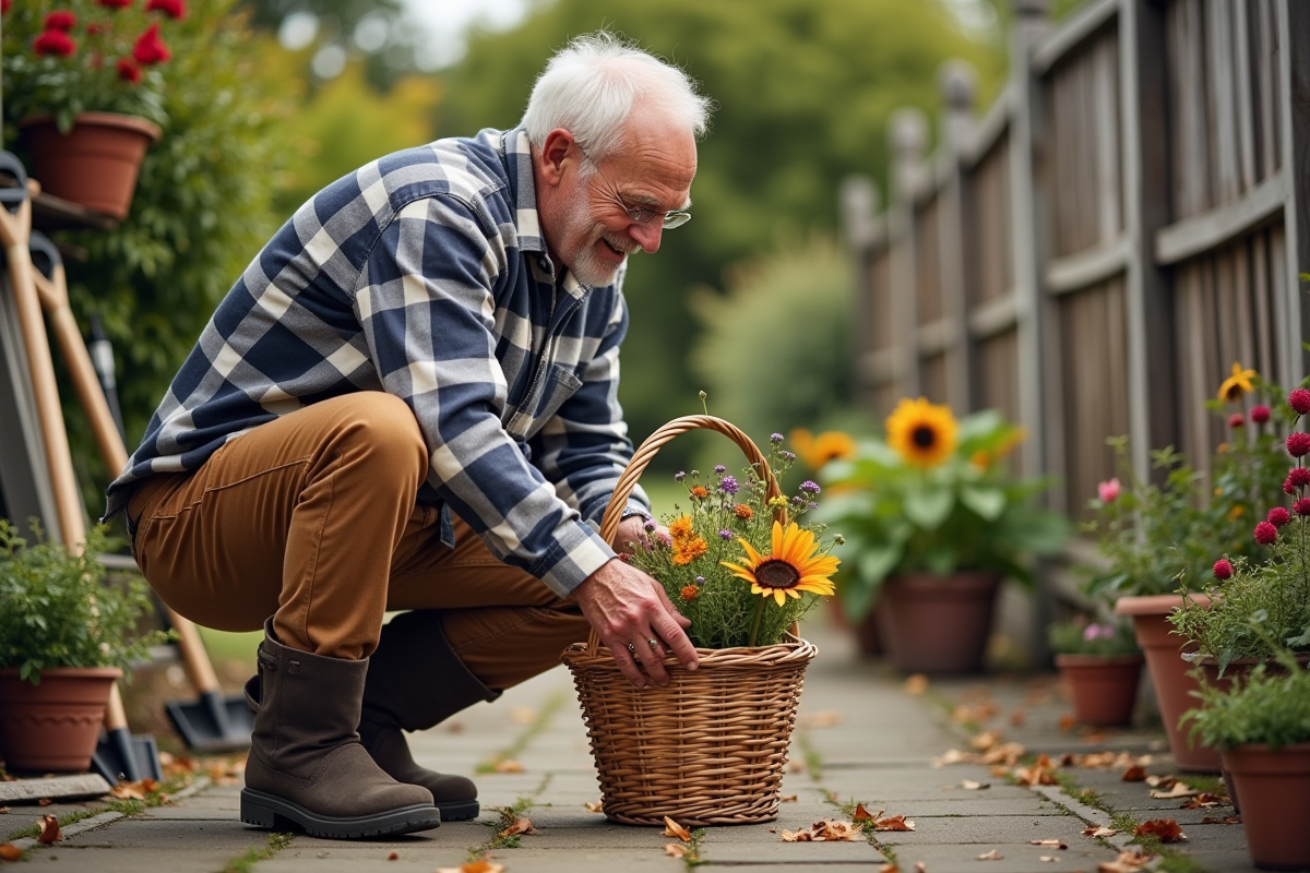 Homme âgé cueillant des fleurs dans un jardin d