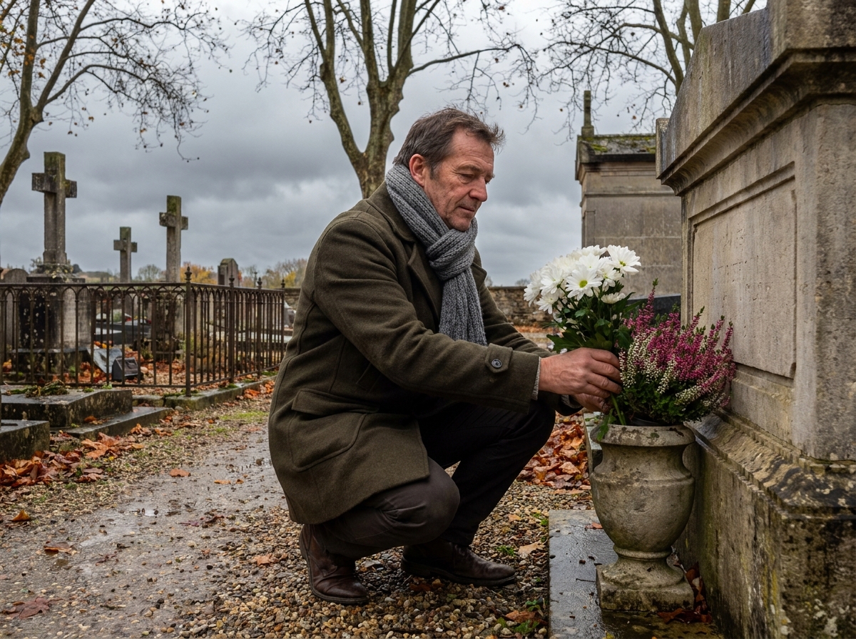 Homme arrangeant des chrysanthèmes blancs et de la bruyère rose sur une tombe familiale dans un cimetière rural à la Toussaint