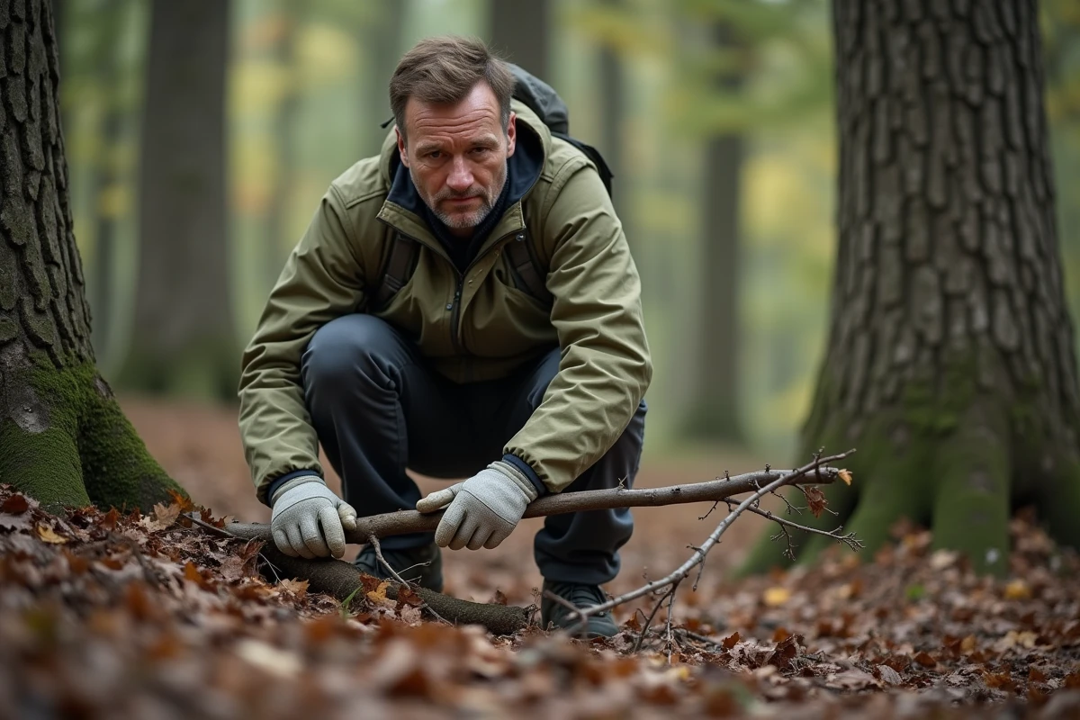 Homme en forêt de chênes inspectant une branche avec des galles de chêne lors d'une randonnée