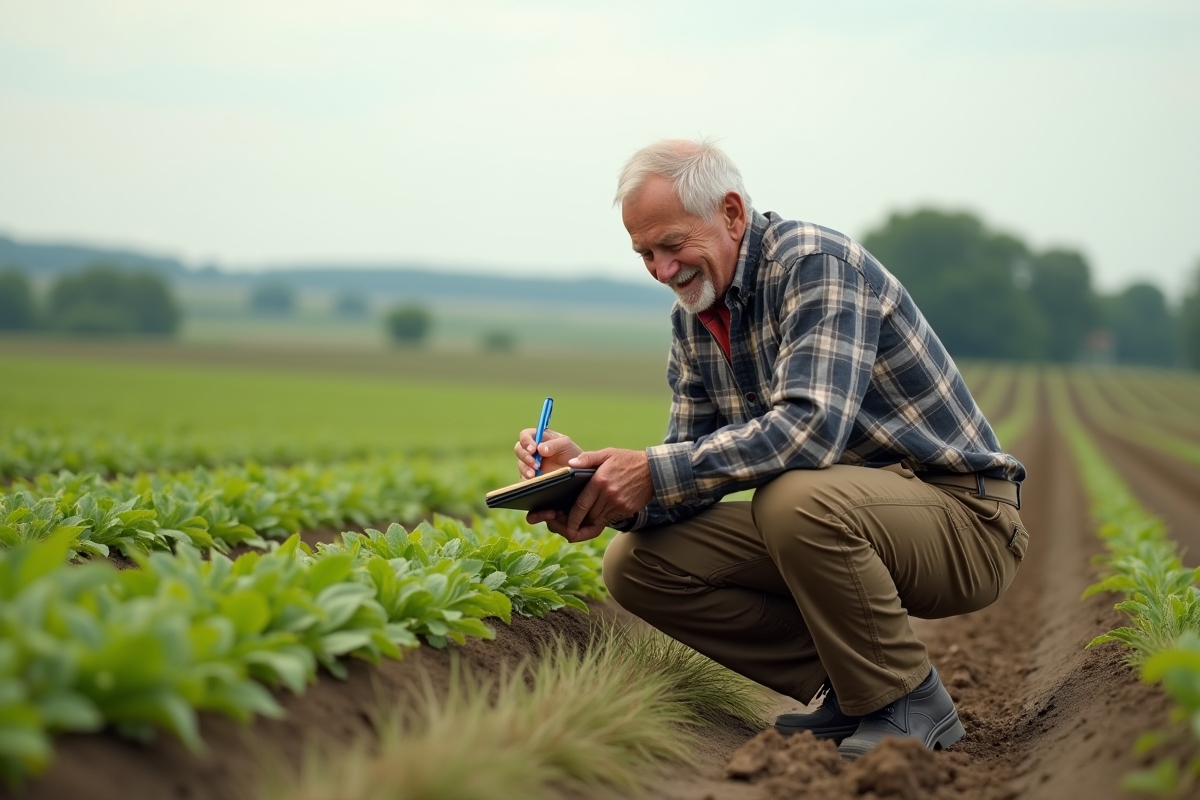 Homme âgé observant des jeunes pousses dans un champ rural