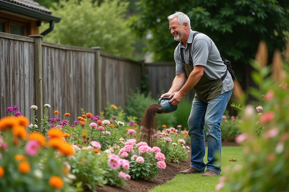 Homme jardinant dans un jardin coloré en extérieur