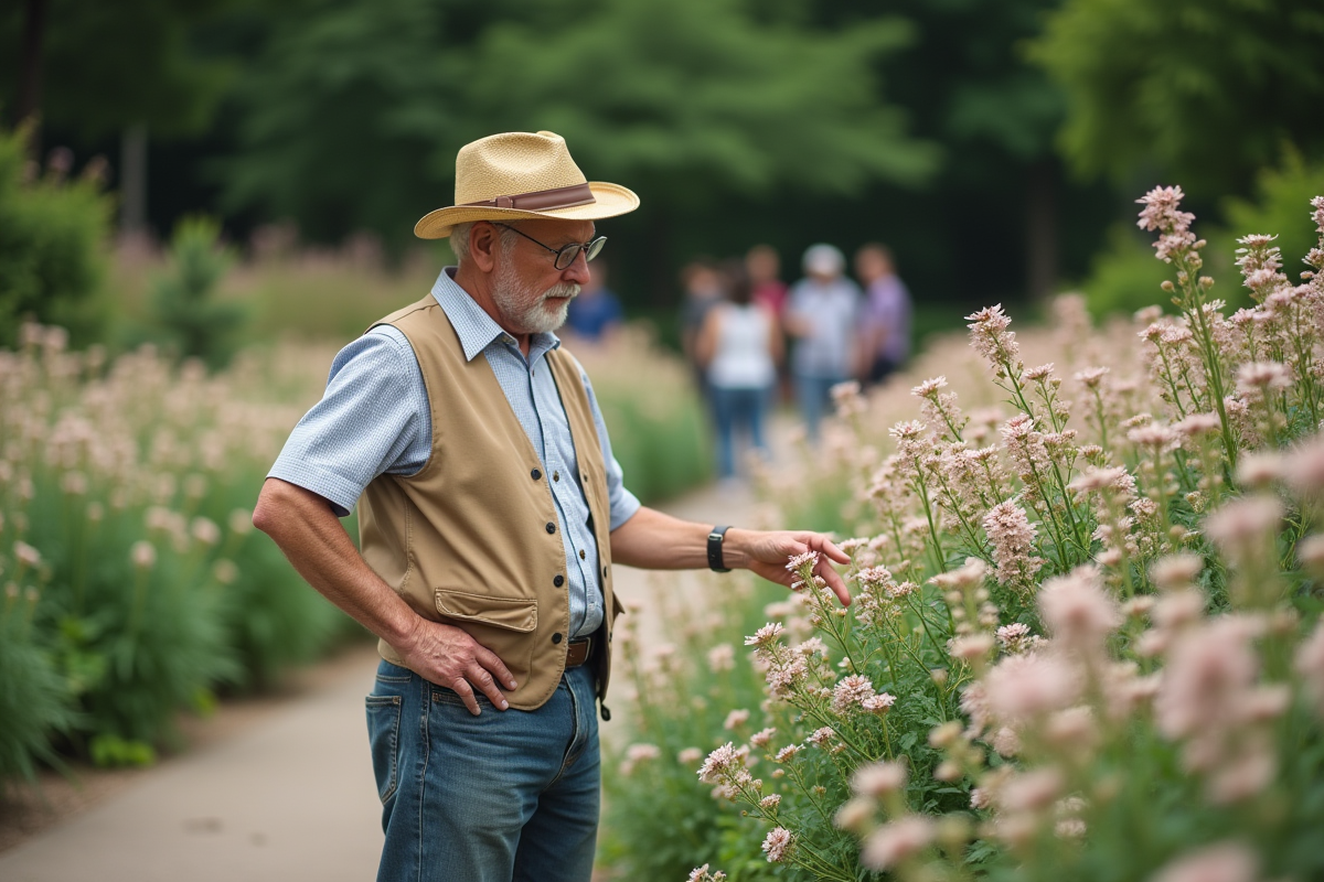 Homme âgé admirant des fleurs dans un jardin botanique