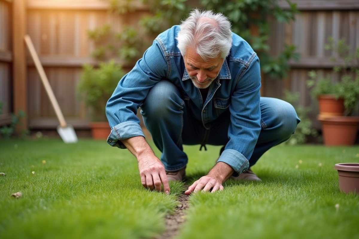 Homme en jardin appliquant repelant naturel contre les fourmis