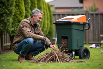 Homme d'âge moyen examine un broyeur de branches dans son jardin