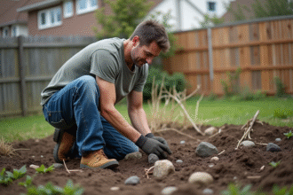 Homme d'âge moyen en jeans et bottes en train de jardiner dans un jardin suburbain