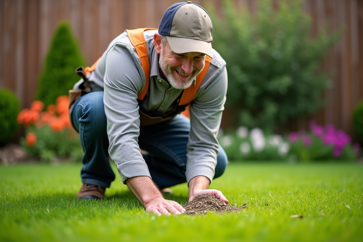 Homme en vêtements décontractés étalant de l'engrais sur la pelouse verte