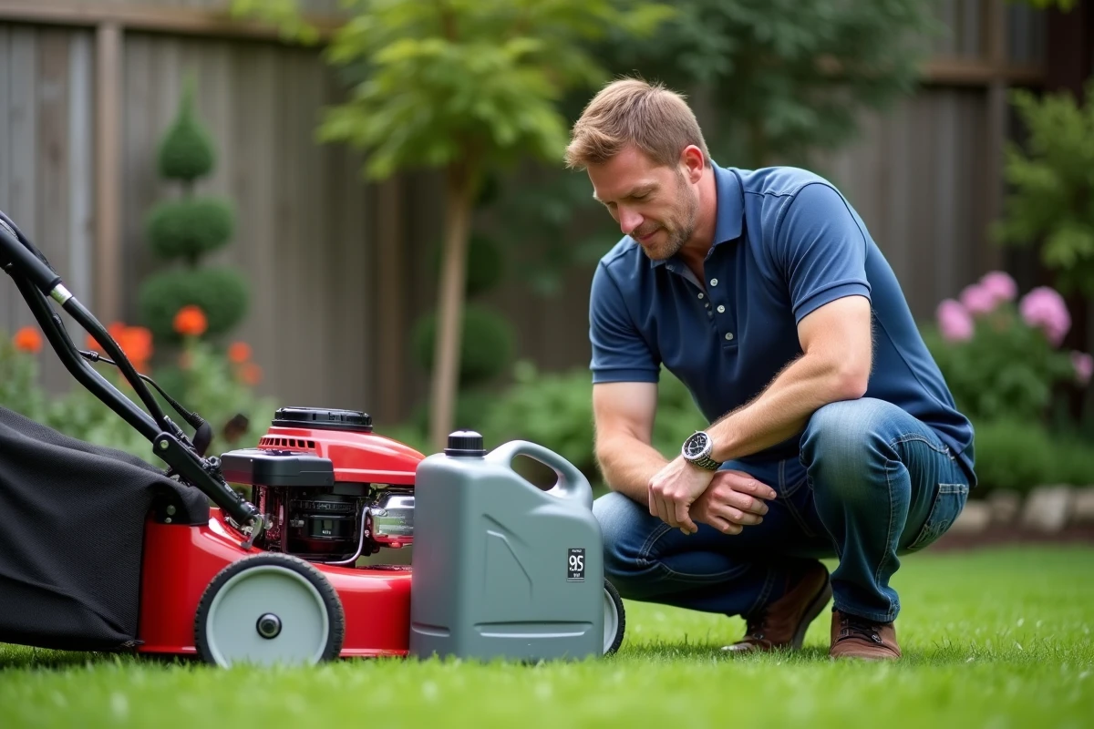 Homme moyenâgeux examine deux bidons d'essence dans un jardin