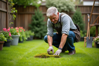 Homme d'âge moyen examinant la mousse dans son jardin