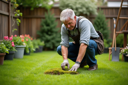 Homme d'âge moyen examinant la mousse dans son jardin