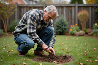 Homme d'âge moyen creusant dans un jardin suburbain
