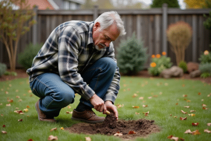 Homme d'âge moyen creusant dans un jardin suburbain