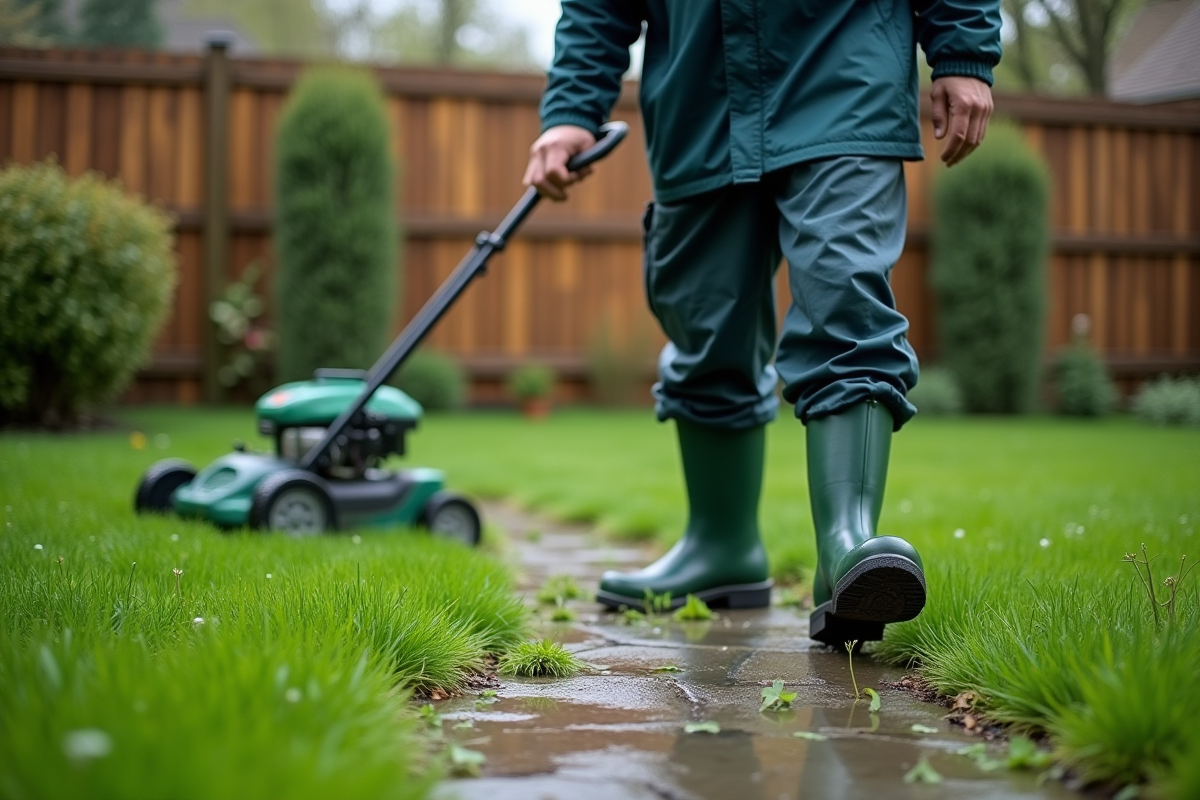 Homme en imperméable examine l'herbe humide du jardin