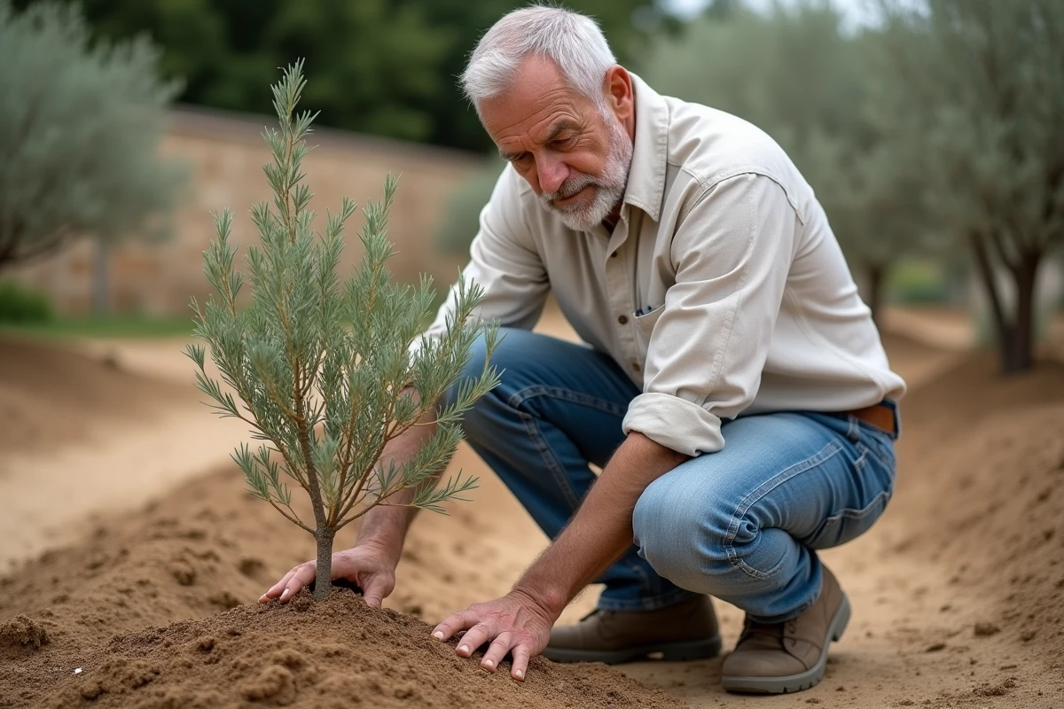 Homme en jeans et chemise plantant un olivier dans un jardin rustique