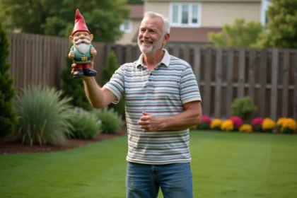 Homme lançant un gnome de jardin dans un jardin