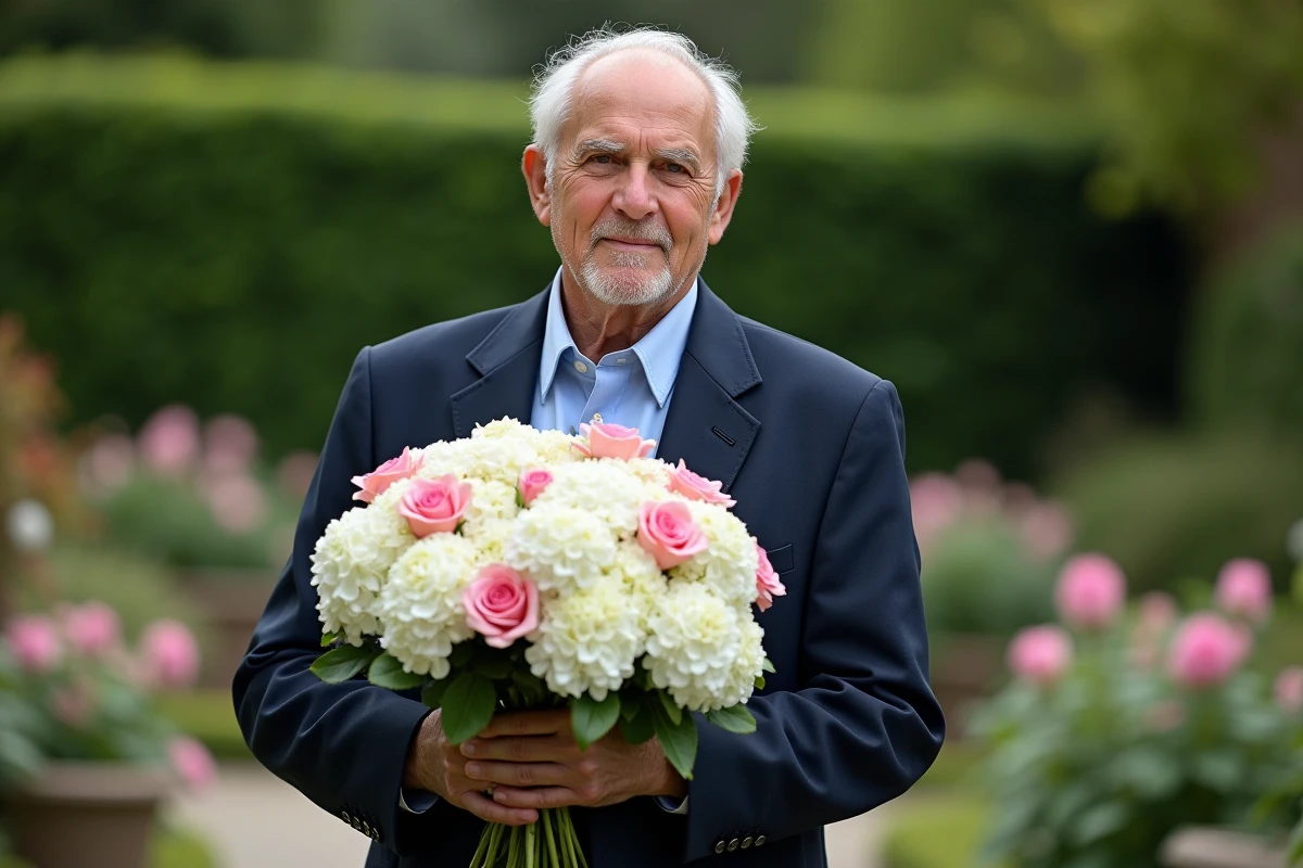 Homme tenant un bouquet dans un jardin fleuri