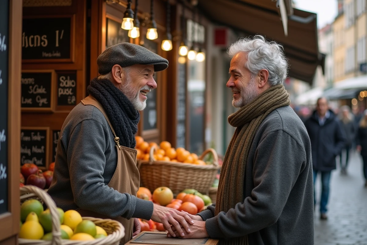 Homme discutant avec un vendeur au marché en plein air