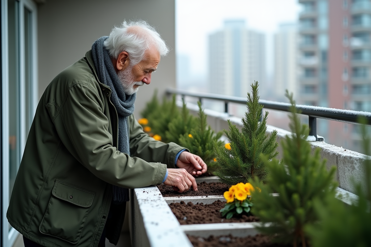 Homme âgé plantant des arbustes en balcon urbain d