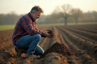 Homme en jeans et chemise à carreaux examine la terre
