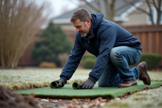 Homme en veste de travail pose du gazon en jardin