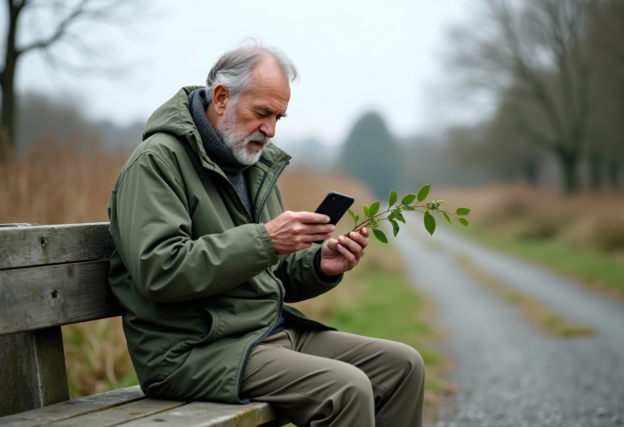 Homme âgé en nature avec smartphone et branche feuillage