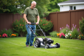 Homme d'âge moyen tondant la pelouse dans son jardin calme