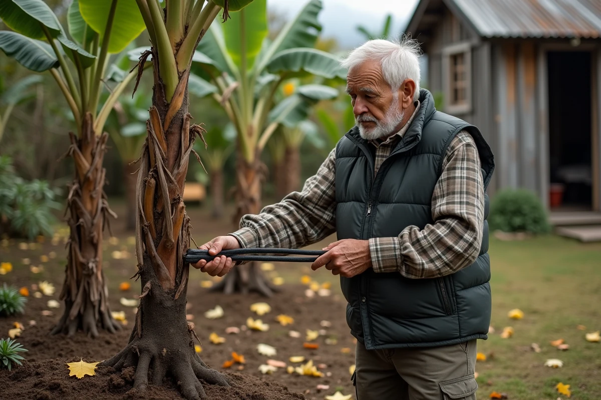 Homme âgé taillant un bananier dans un jardin rural