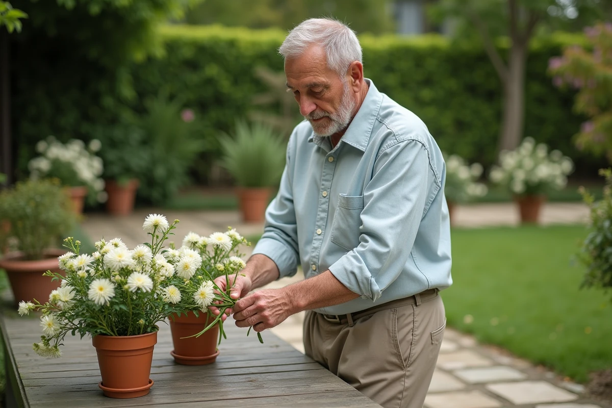 Homme âgé taillant des lisianthus dans le jardin