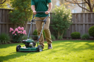 Homme en tenue casual utilisant un scarificateur dans un jardin